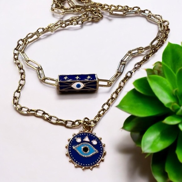 Gold toned and Blue Evil Eye Necklace Set Layer or wear alone - Picture 2 of 16